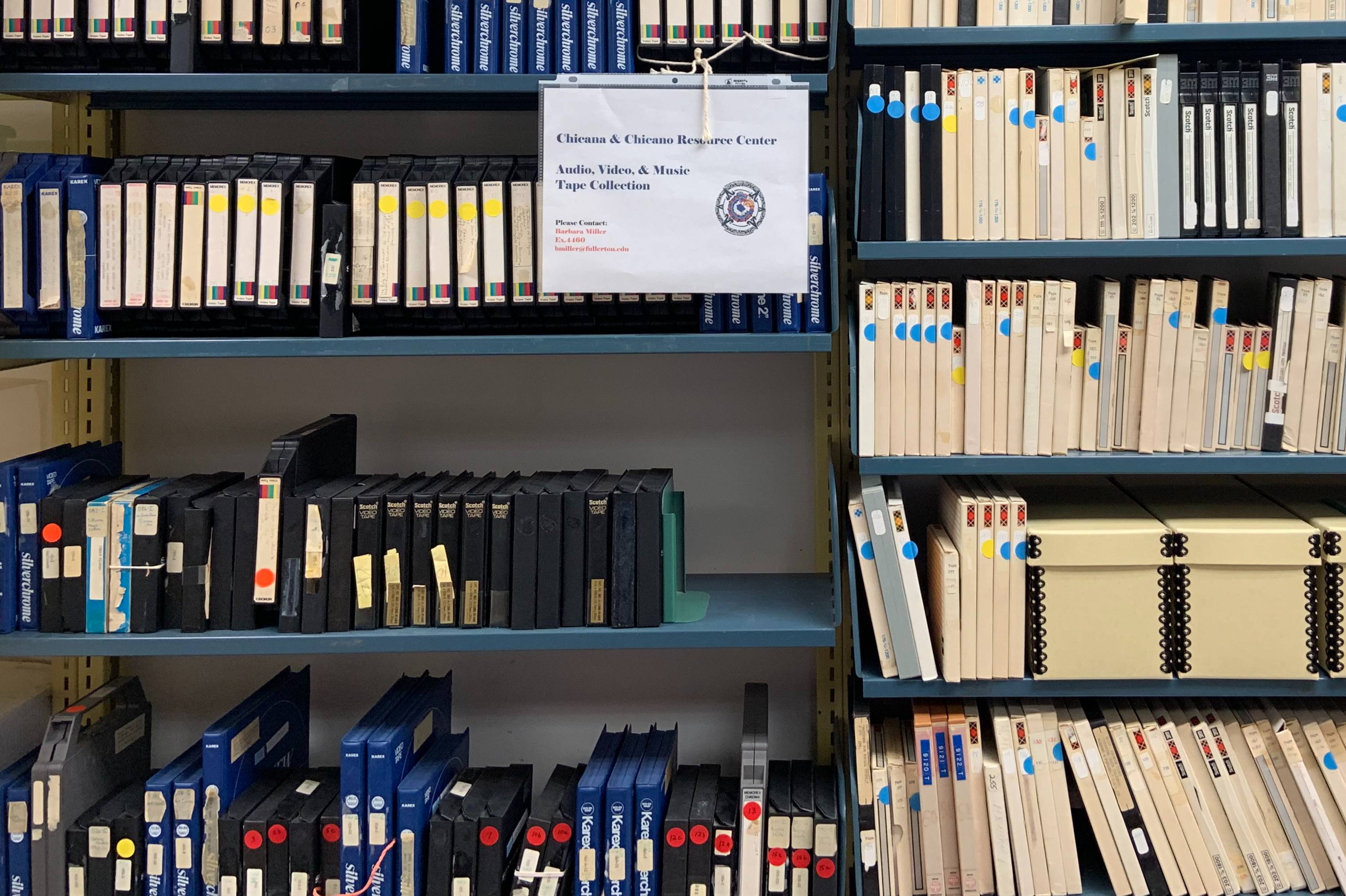 Shelf of video tapes